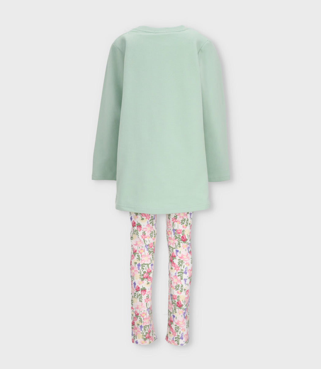 Conjunto niña con estampado y flores 2 años / Verde