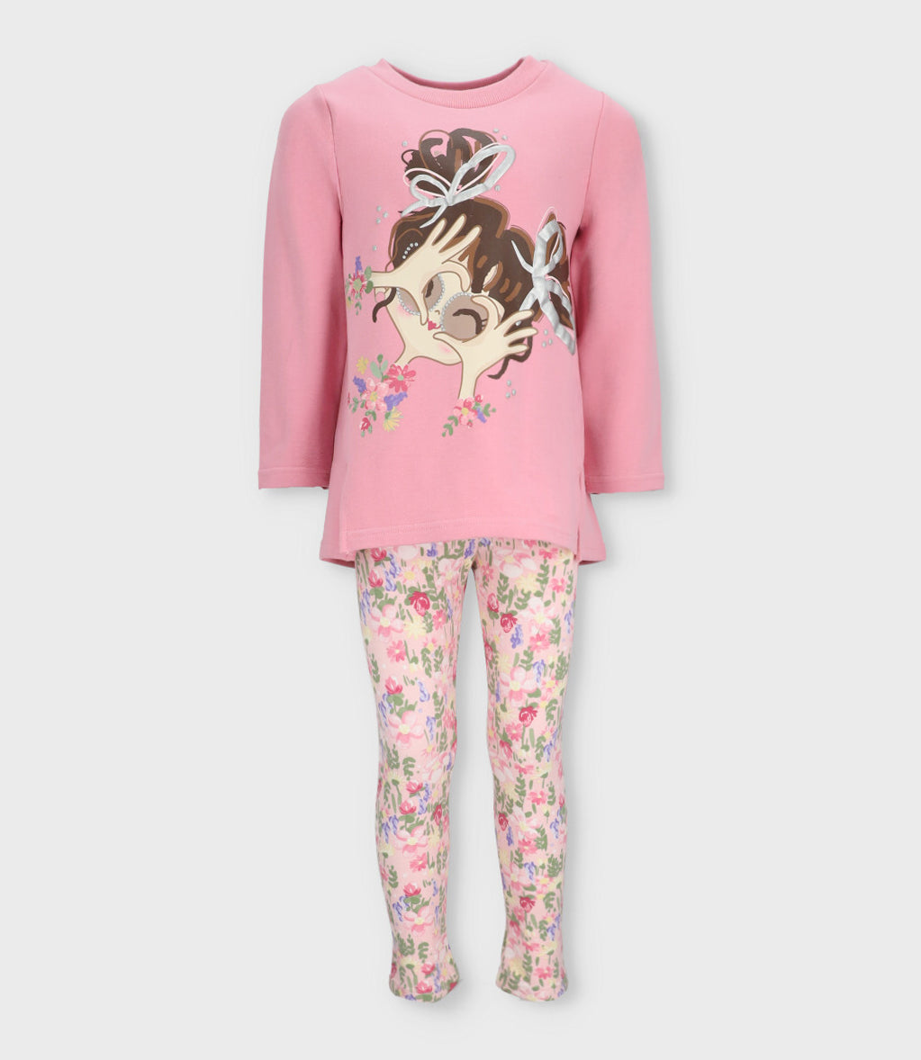 Conjunto niña con estampado y flores 2 años / Coral