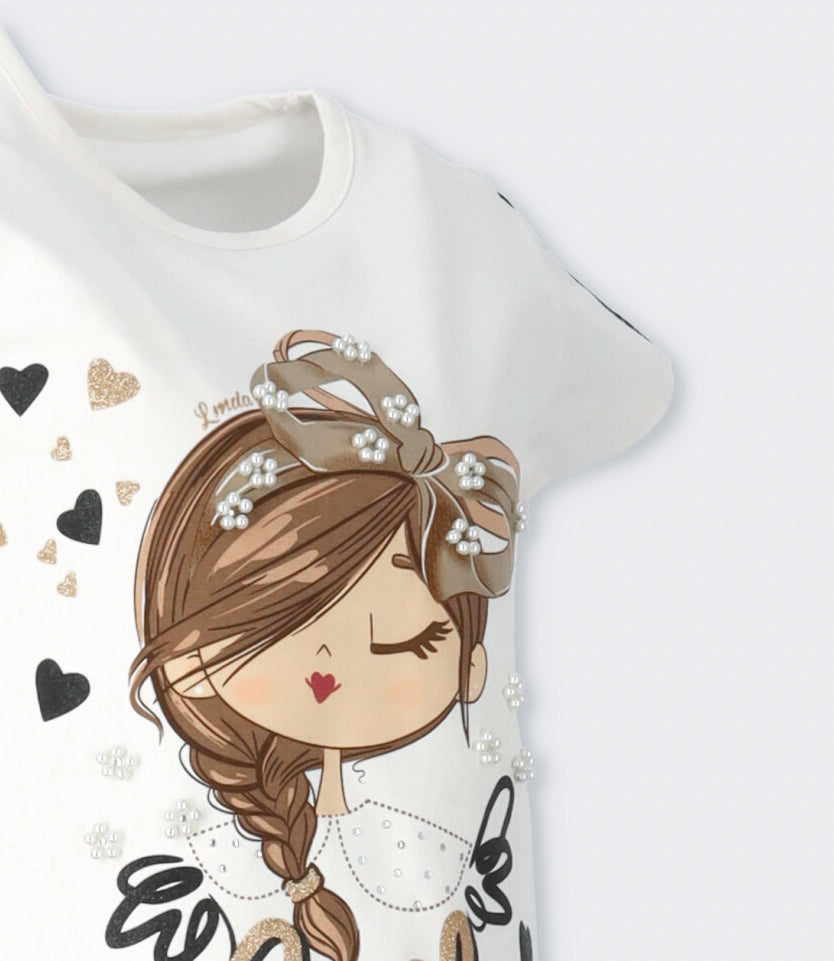 Conjunto niña con estampado y flores 2 años / Negro