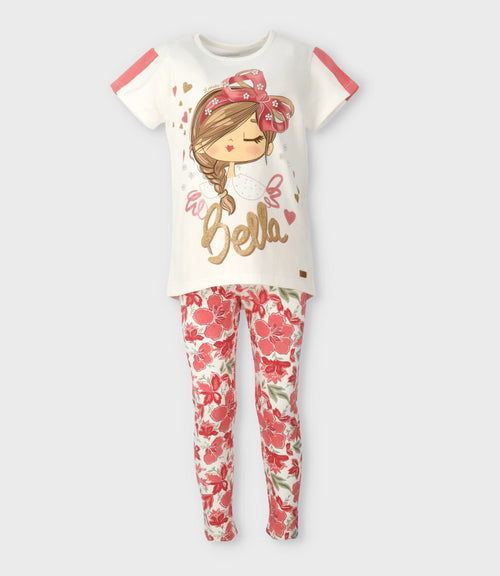Conjunto niña con estampado y flores 2 años / Coral