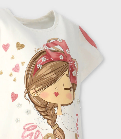 Conjunto niña con estampado y flores 2 años / Coral