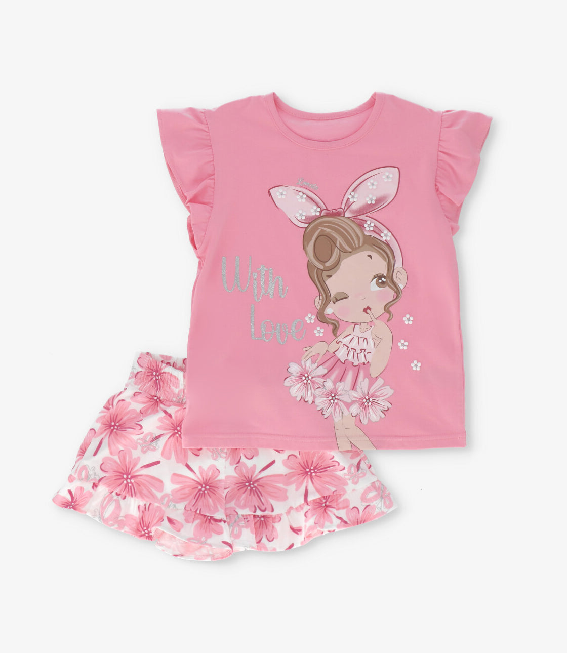 Conjunto niña con flores y estampado 2 años / Rosado