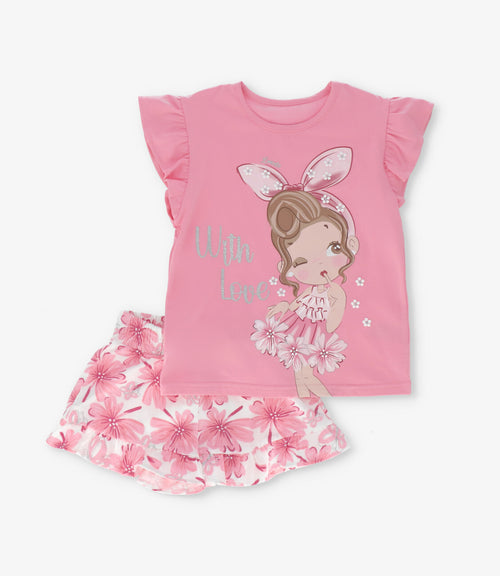 Conjunto niña con flores y estampado 2 años / Rosado