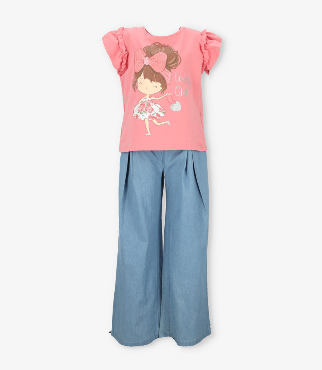 Conjunto niña con vuelos y estampado 2 años / Coral