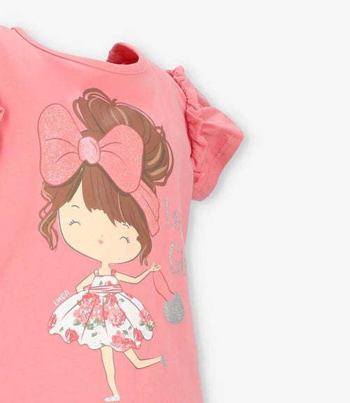 Conjunto niña con vuelos y estampado 2 años / Coral