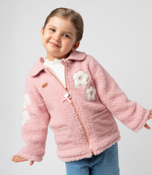 Chaqueta bebé de sherpa con flores 3 meses / Rosado