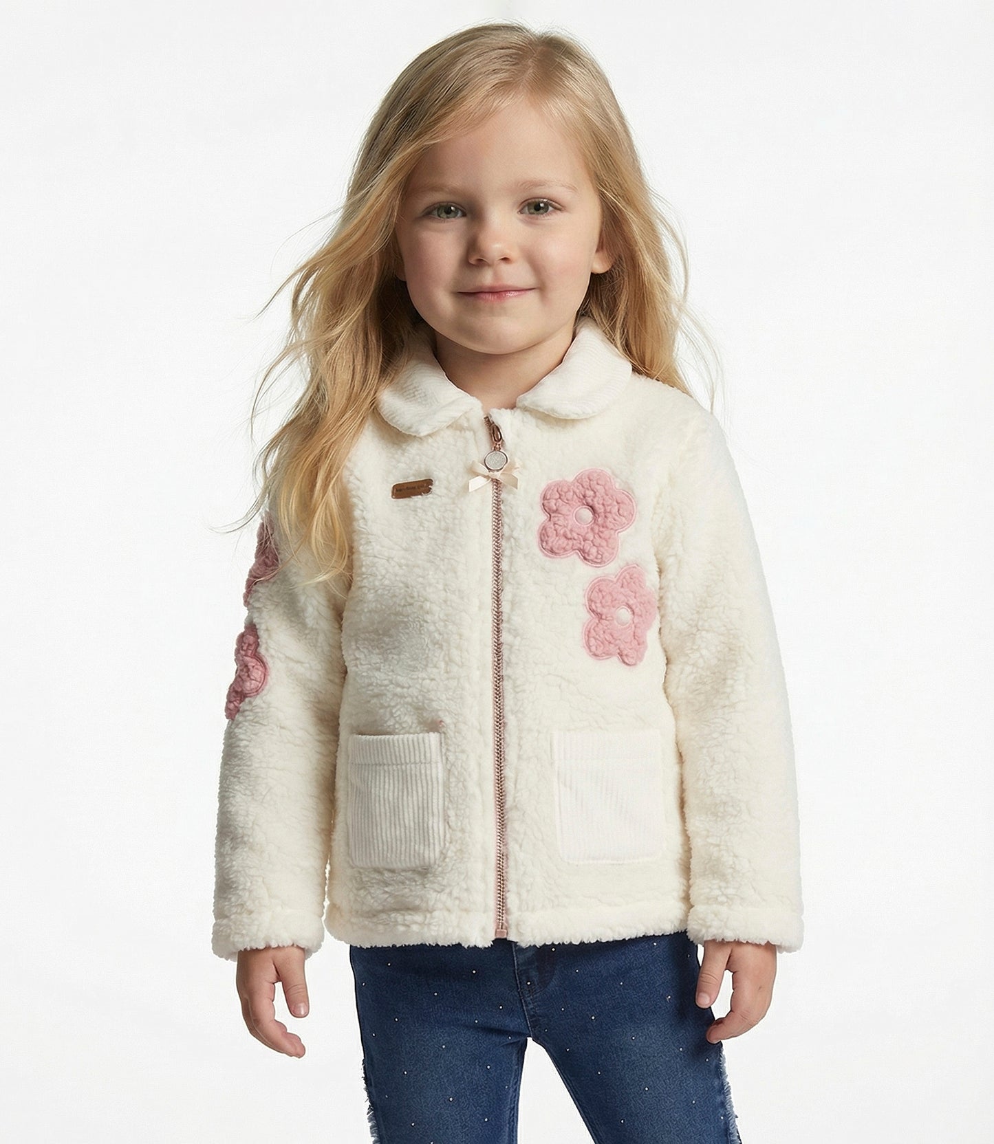 Chaqueta bebé de sherpa con flores 3 meses / Crudo