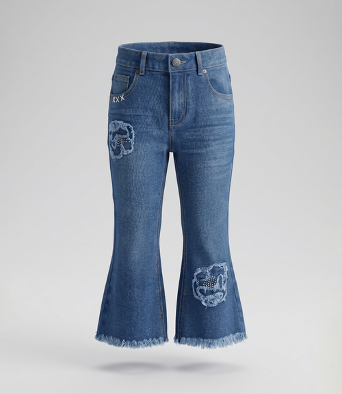 Jeans bebé acampanado con flores 3 meses / Azul Marino