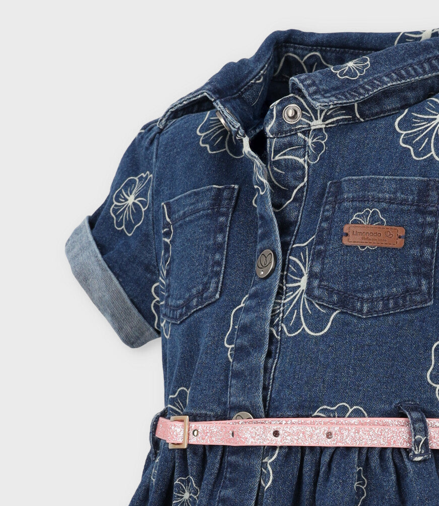 Vestido bebé de denim con flores 3 meses / Azul Marino