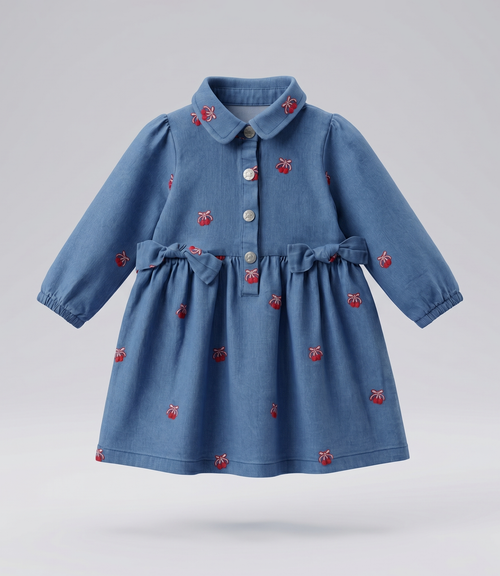 Vestido bebé de denim con cherry 3 meses / Celeste