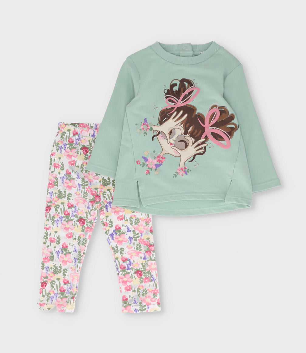 Conjunto bebé con estampado y flores 3 meses / Verde