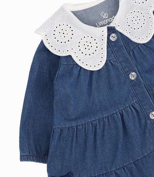 Vestido Recién Nacida Con Vuelos Denim Azul