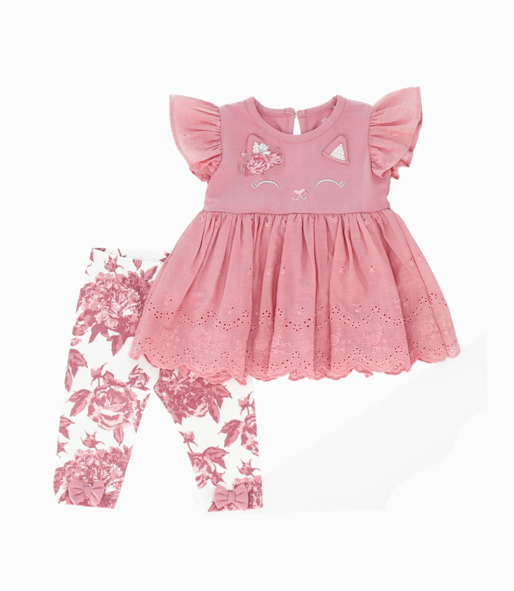 Conjunto Recién nacida con gato 0 meses / Palo Rosa