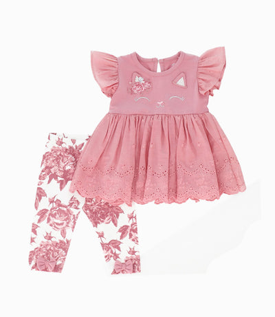 Conjunto Recién nacida con gato 0 meses / Palo Rosa