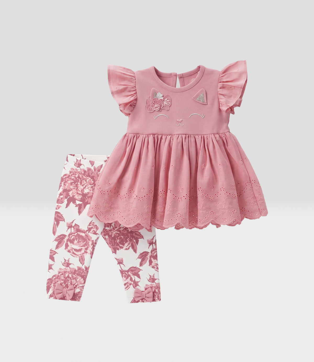 Conjunto Recién nacida con gato 0 meses / Palo Rosa