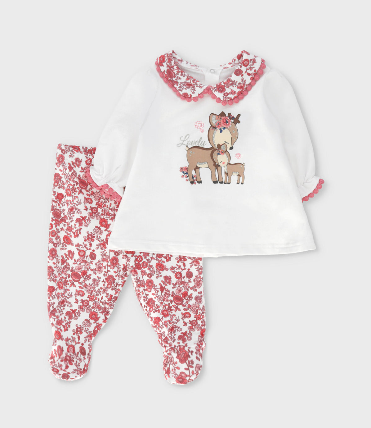 Conjunto recién nacida con flores y ciervos 0 meses / Coral