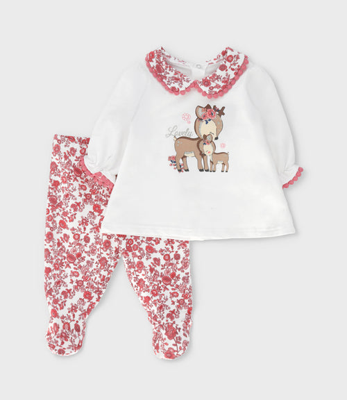 Conjunto recién nacida con flores y ciervos 0 meses / Coral