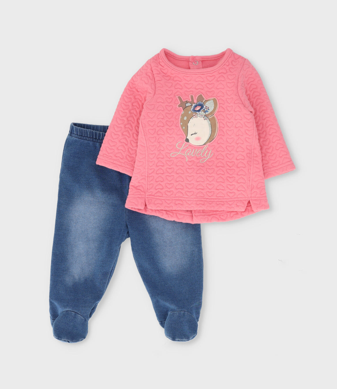 Conjunto recién nacida con ciervo y corazones 0 meses / Coral