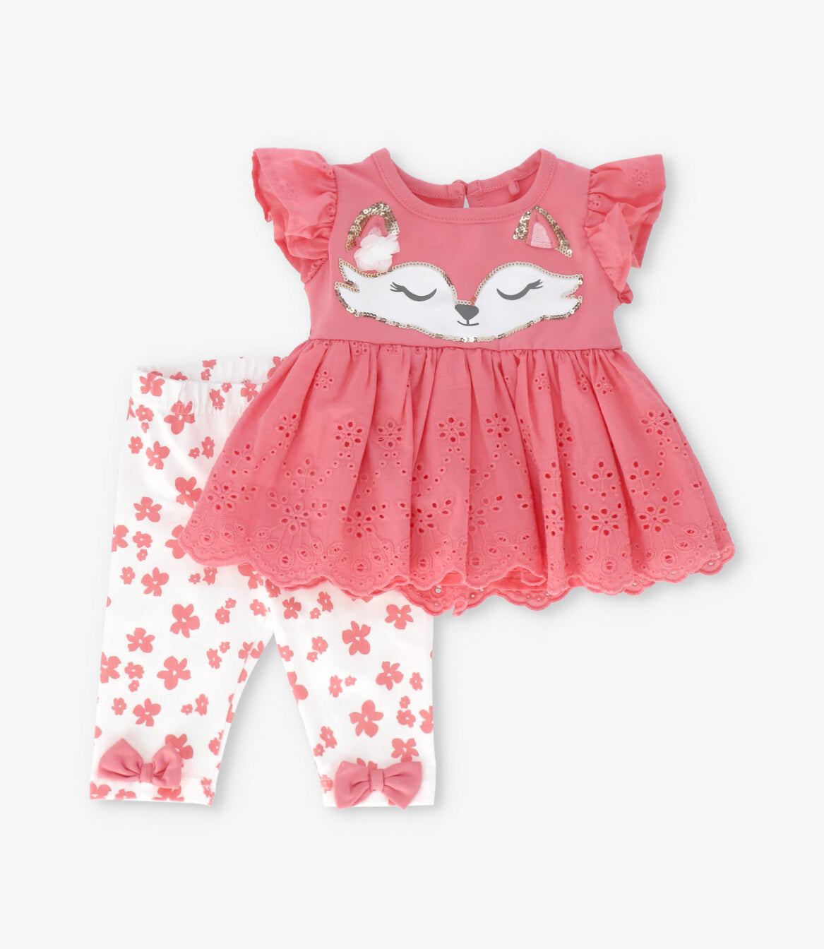 Conjunto recién nacida con flores y zorro 0 meses / Coral
