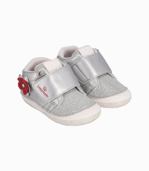 Zapatilla Recién Nacida Con Flor Plateado 16 / Plateado