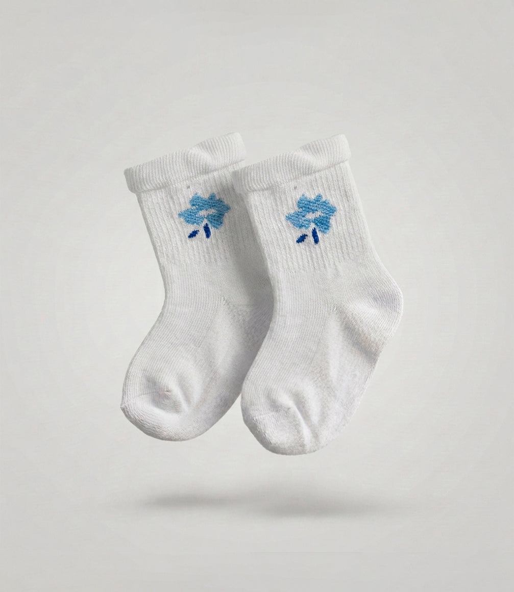 Calcetín niña con flores y vuelos 0-1 años / Blanco