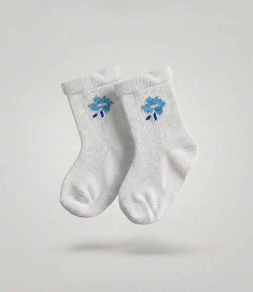 Calcetín niña con flores y vuelos 0-1 años / Blanco