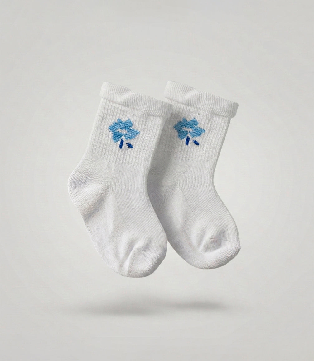 Calcetín niña con flores y vuelos 0-1 años / Blanco