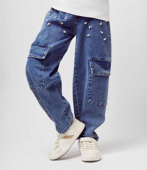 Jeans niña balloon con perlas
