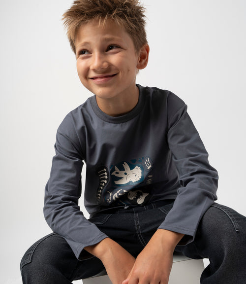 Polera niño dino team 2 años / Gris