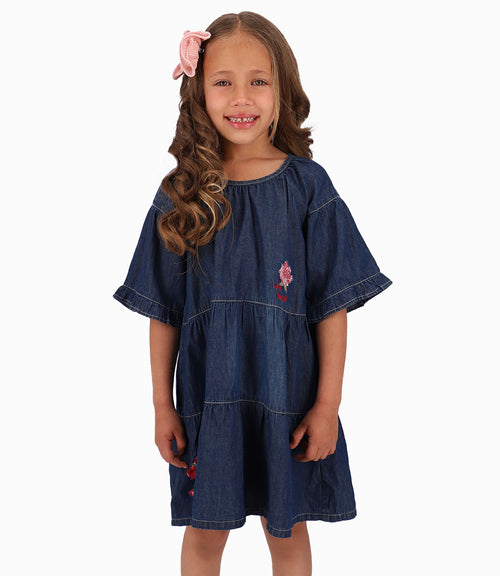 Vestido Con Rosa y Osita Niña Denim