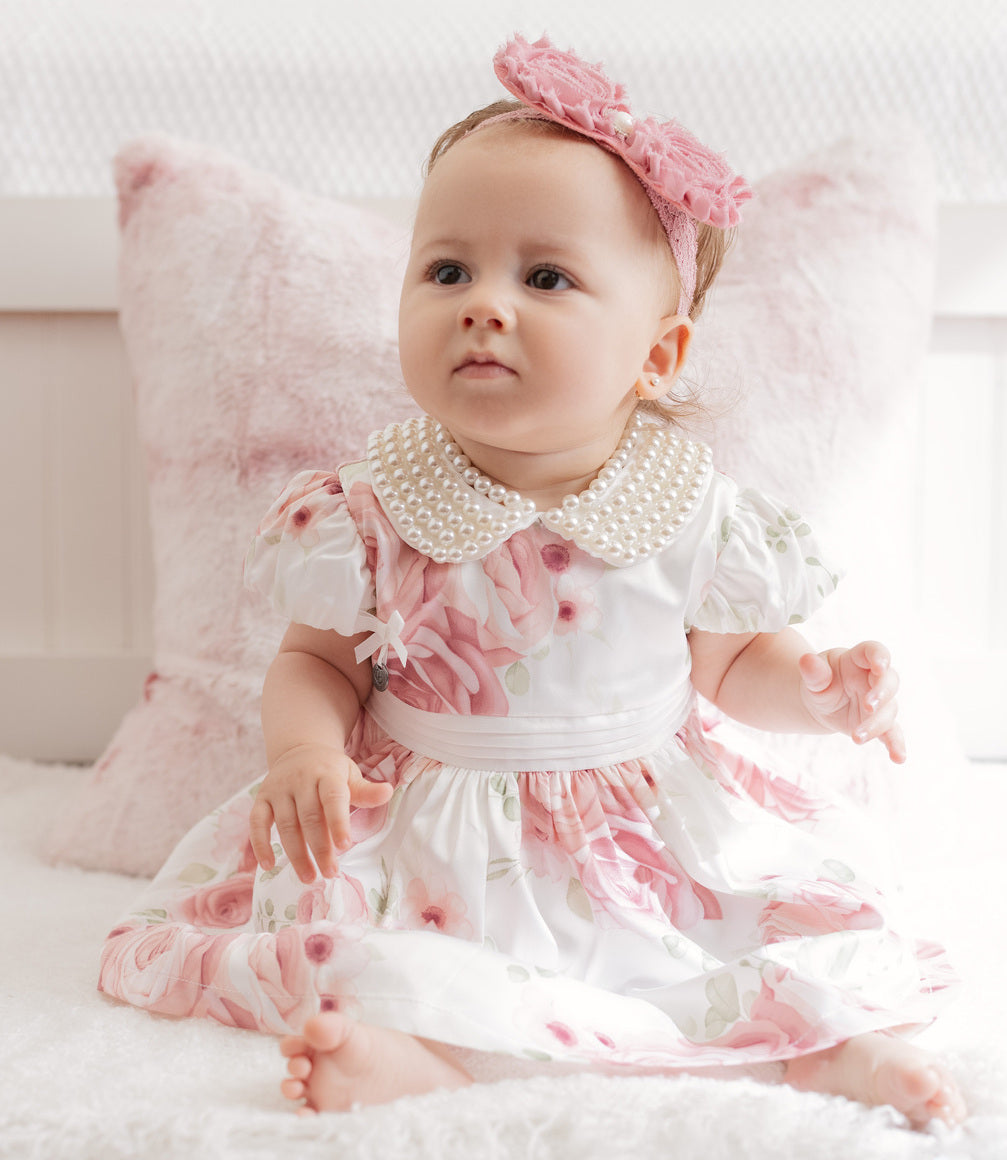 Vestido Recién Nacida Con Cuello de Perlas Limonada Palo Rosa
