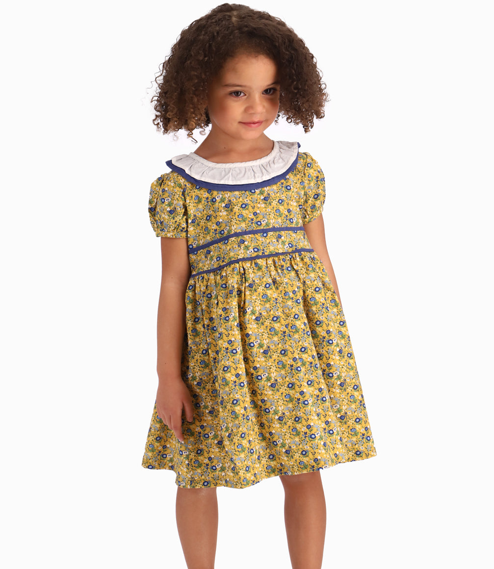 Vestido Con Cuello Pierrot Niña 100% Algodón Mostaza
