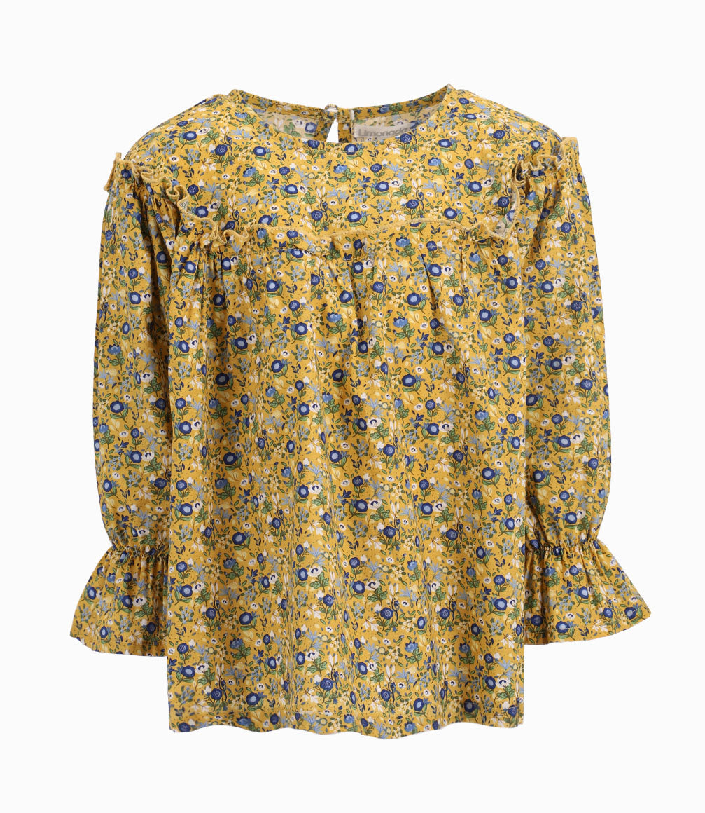 Blusa Popelín Floreada Niña 100% Algodón Mostaza Limonada