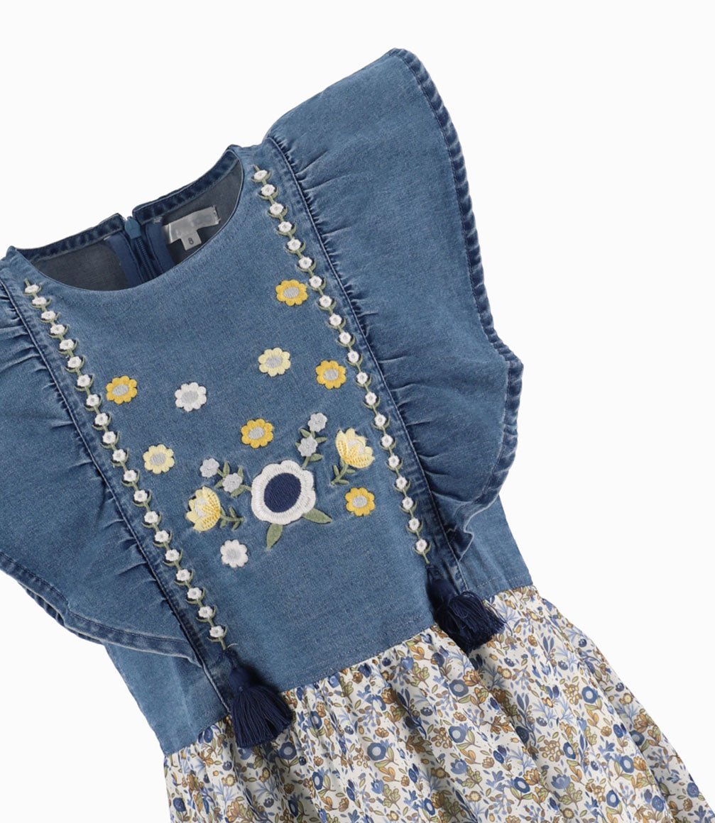 Vestido Con Faldón De Flores Niña Denim