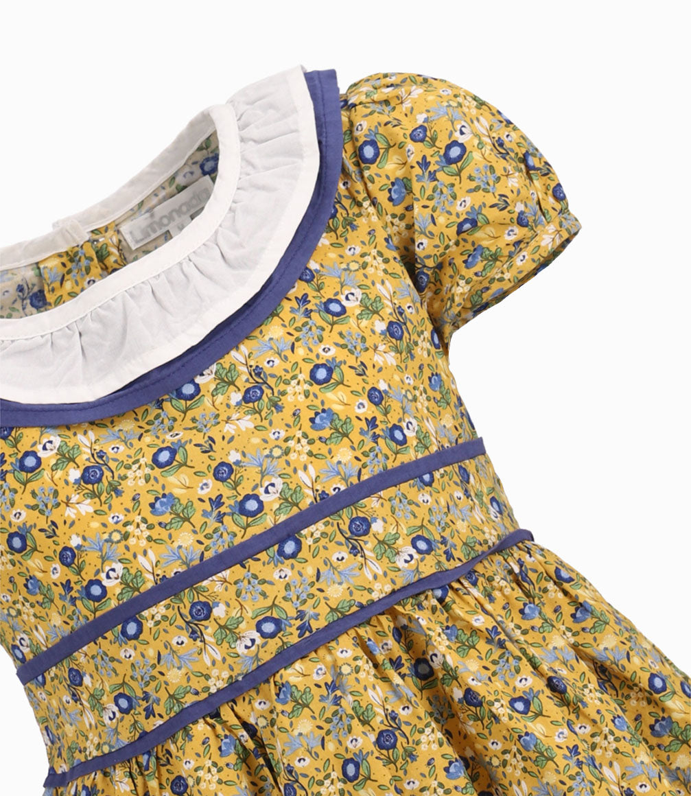 Vestido Con Cuello Pierrot Niña 100% Algodón Mostaza