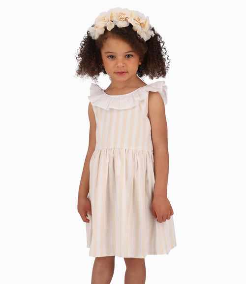 Vestido A Rayas Niña Beige