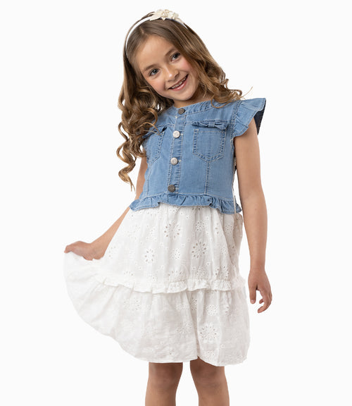 Vestido Con Popelín Bordado Niña Denim Celeste