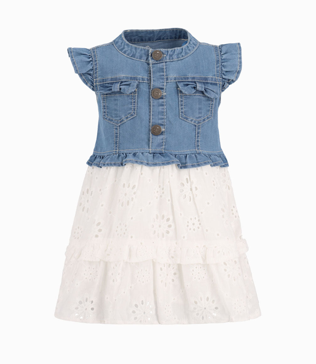 Vestido Con Popelín Bordado Niña Denim Celeste