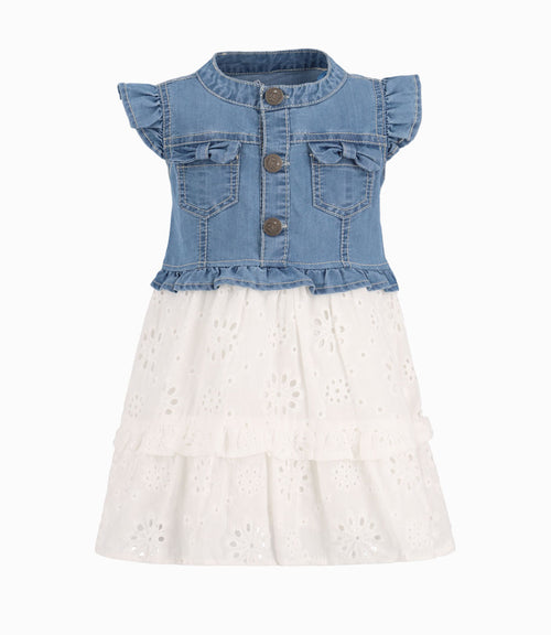 Vestido Con Popelín Bordado Niña Denim Celeste
