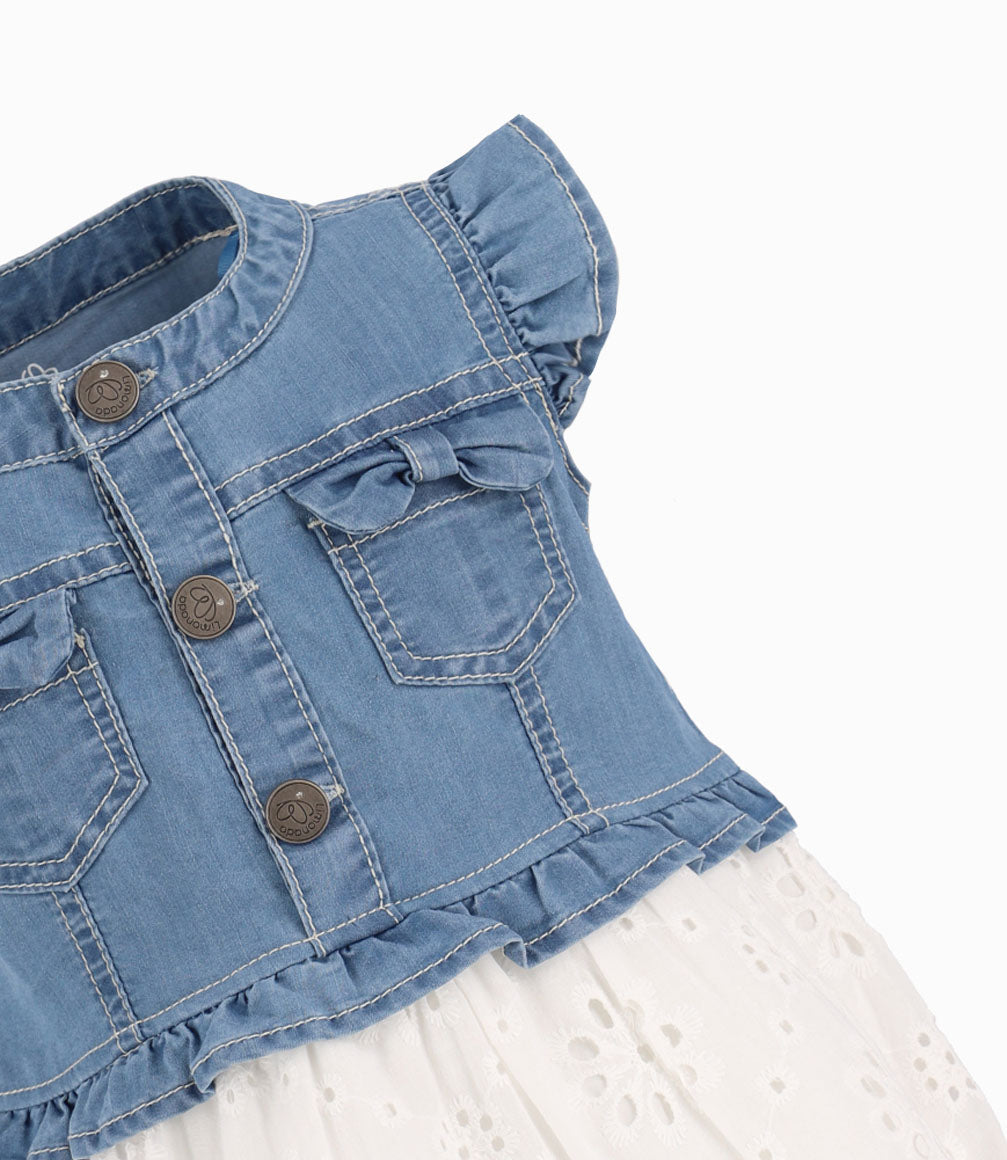 Vestido Con Popelín Bordado Niña Denim Celeste