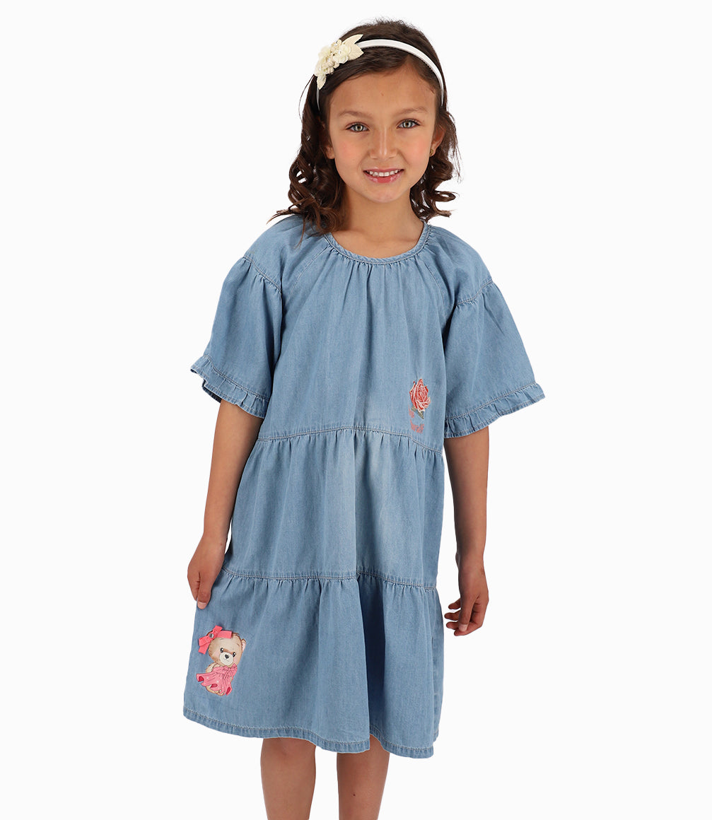Vestido Con Rosa y Osita Niña Denim