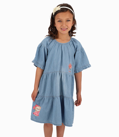 Vestido Con Rosa y Osita Niña Denim