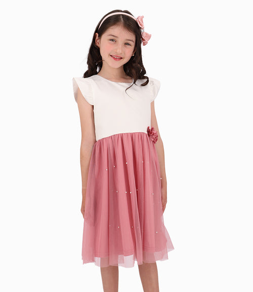 Vestido Niña Bicolor con Flores Limonada Palo Rosa