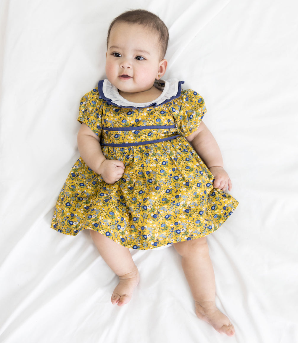 Vestido Con Cuello Pierrot Bebé Niña 100% Algodón Mostaza Limonada