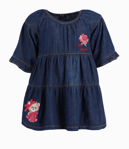 Vestido Con Rosa y Osita Bebé Niña Denim