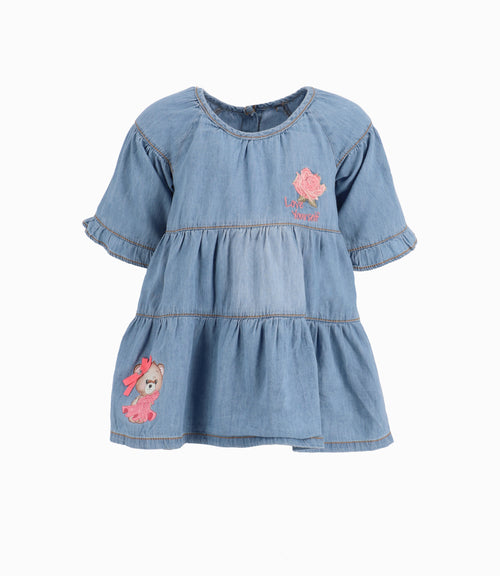 Vestido Con Rosa y Osita Bebé Niña Denim