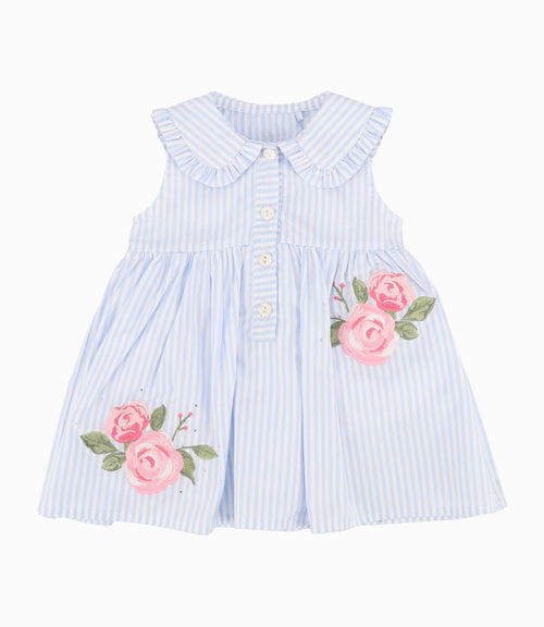 Vestido A Rayas Con Solapa Recién Nacida Celeste