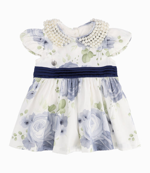 Vestido Recién Nacida Con Cuello de Perlas Limonada Azul Marino