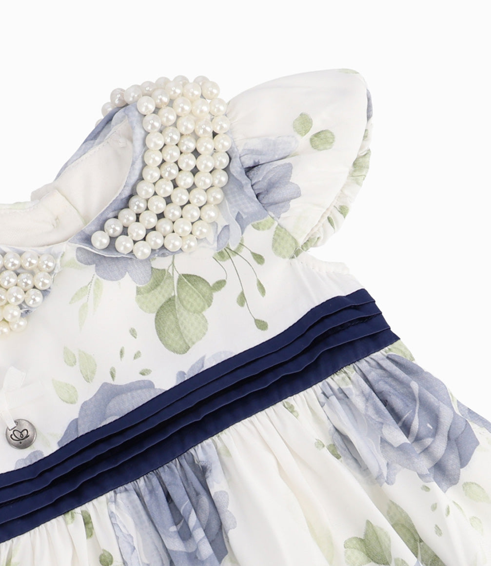 Vestido Recién Nacida Con Cuello de Perlas Limonada Azul Marino