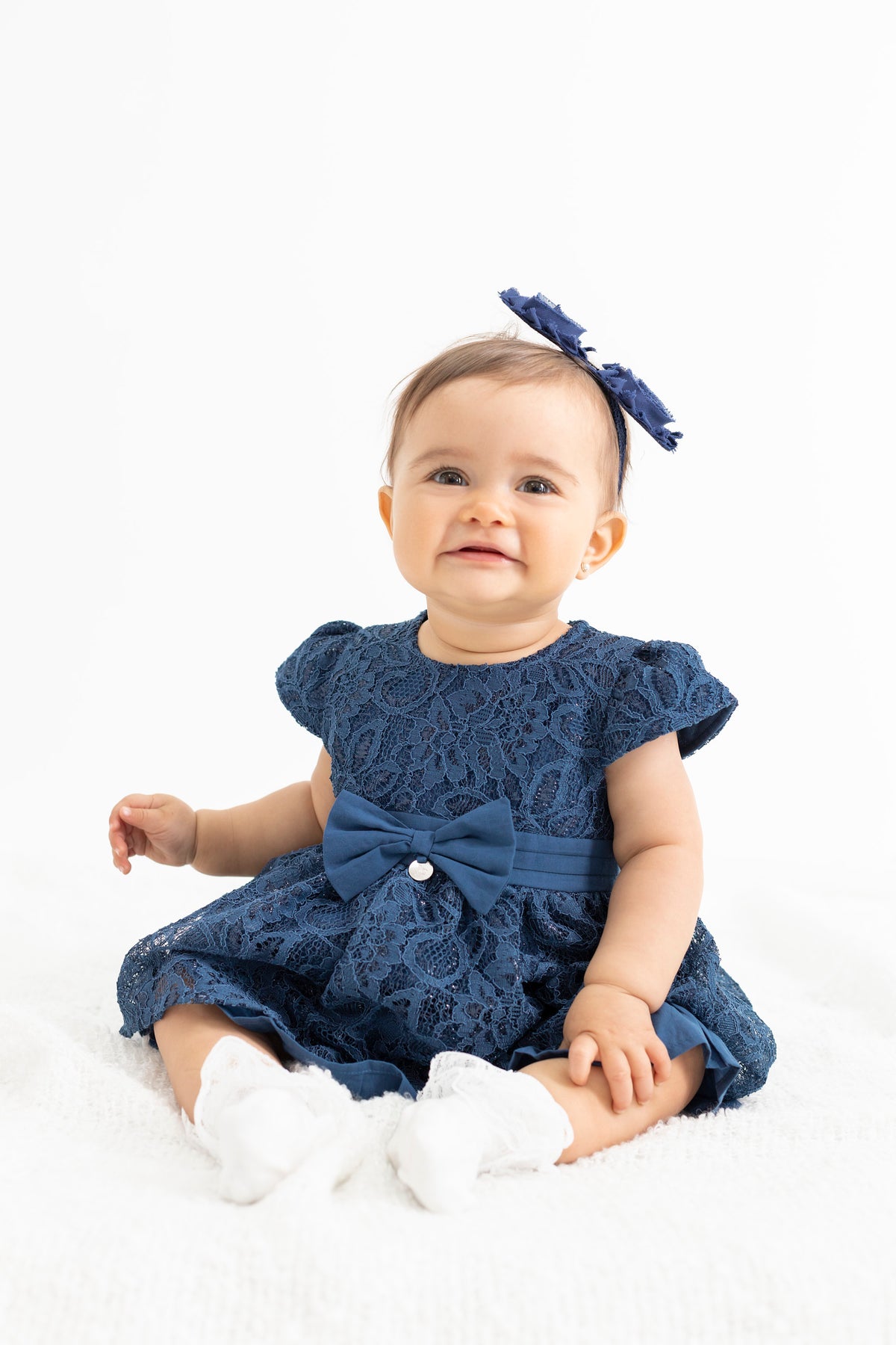 Vestido Recién Nacida De Encaje con Lazo Limonada Azul Marino